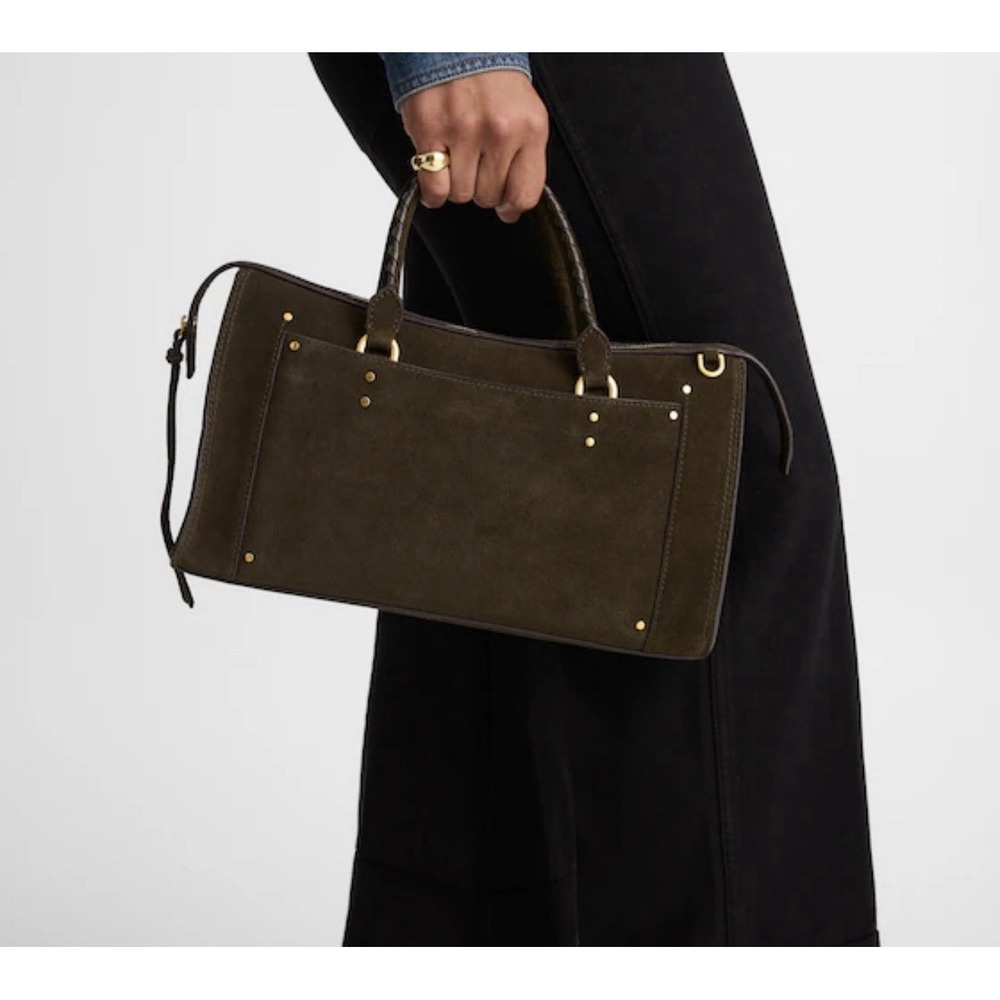 MADEWELL The Whipstitched Satchel in Suede IN GREEN